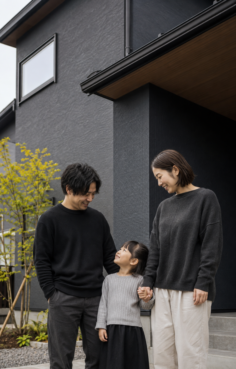 住まいの前で笑顔を交わす日本人の家族